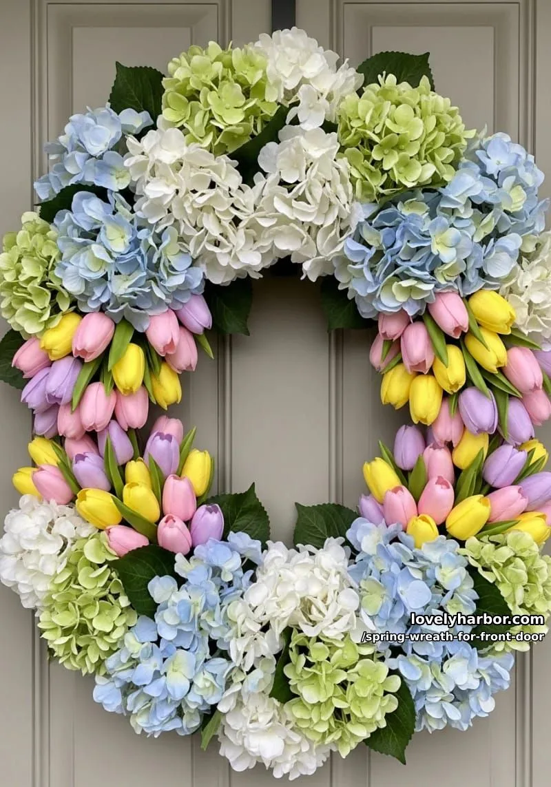 15 Unique Front Door Spring Wreaths for a Charming Entryway 41 lush dual-layered wreath—hydrangea outer ring, pastel tulips inner ring 1