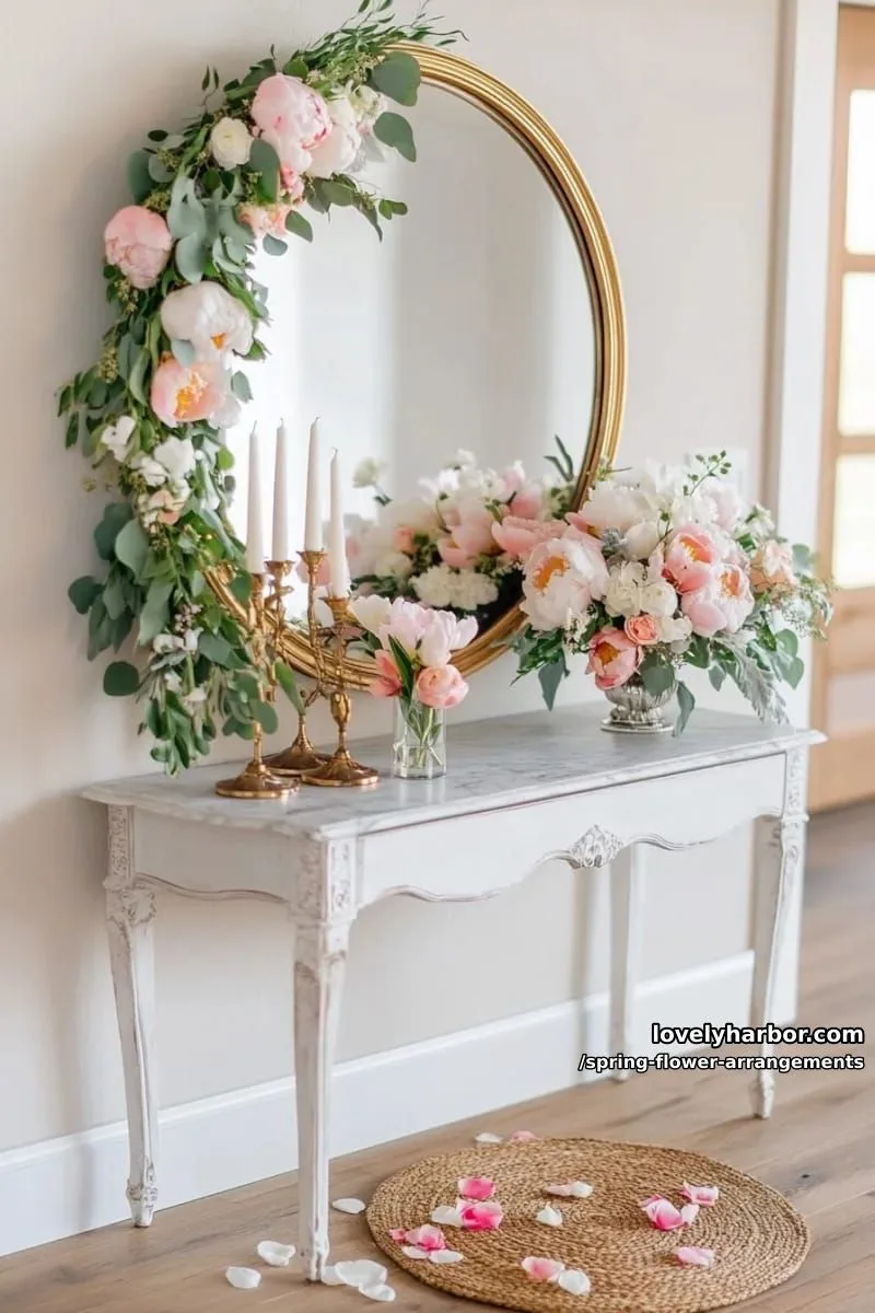 15 Spring Flower Arrangements That Will Warm Your Heart 33 lush floral garland draped over a vintage mirror for entryway magic 1