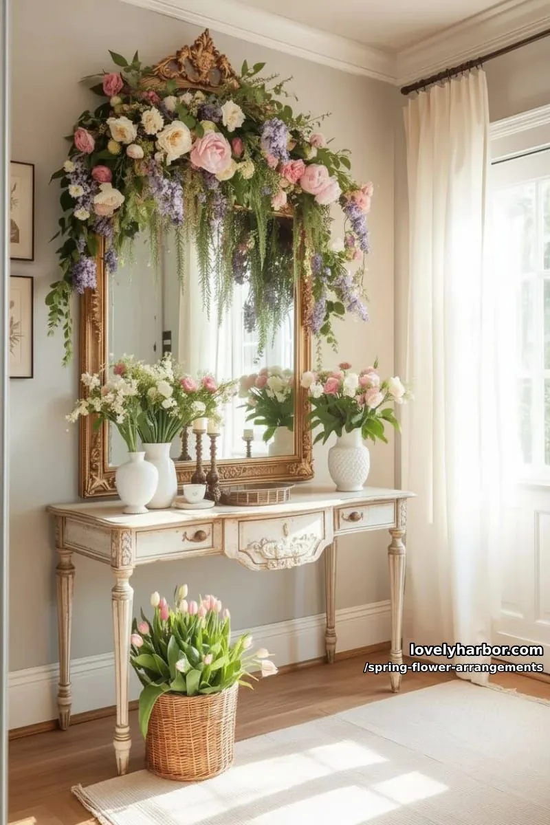 15 Spring Flower Arrangements That Will Warm Your Heart 34 lush floral garland draped over a vintage mirror for entryway magic 1