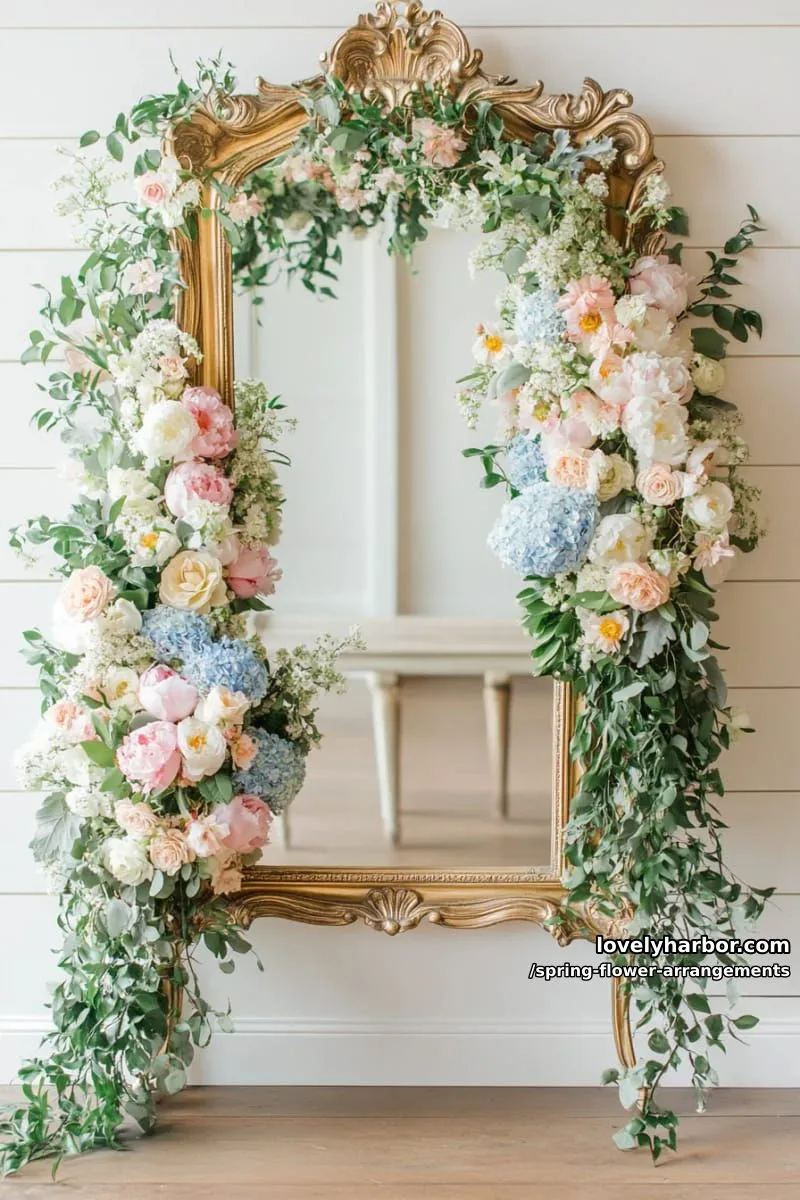 15 Spring Flower Arrangements That Will Warm Your Heart 35 lush floral garland draped over a vintage mirror for entryway magic 1