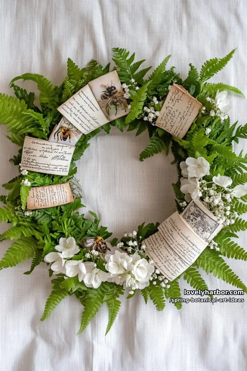 lush greenery wreath with tiny illustrated bees and vintage labels 1