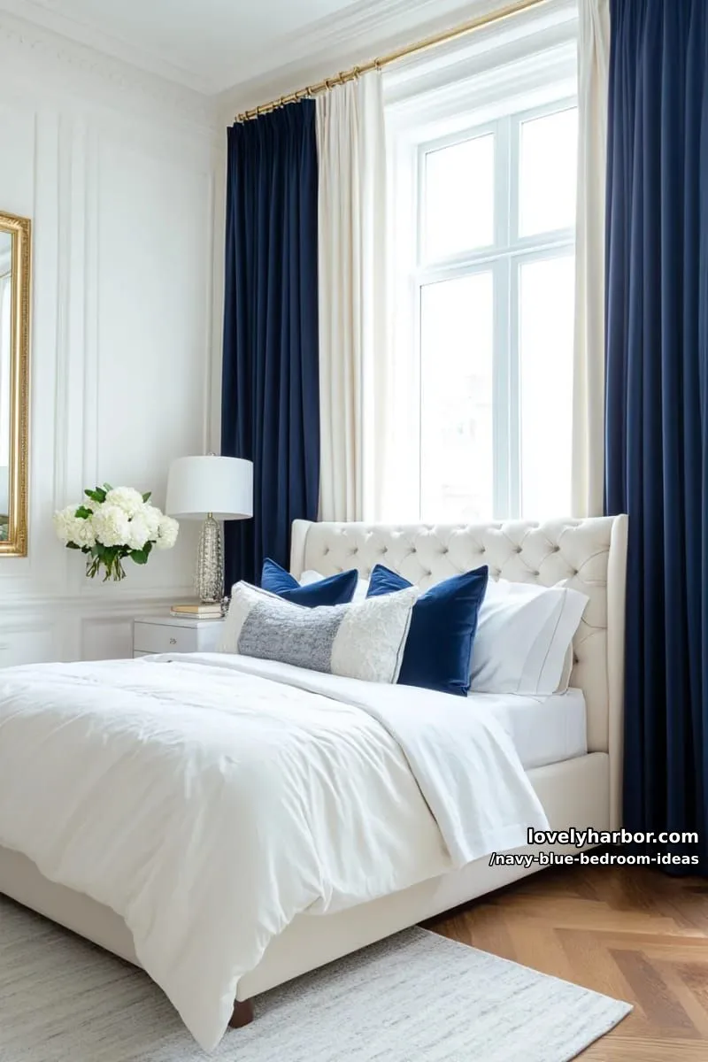 luxe navy blue drapes pooling on light wood floors for classic elegance 1