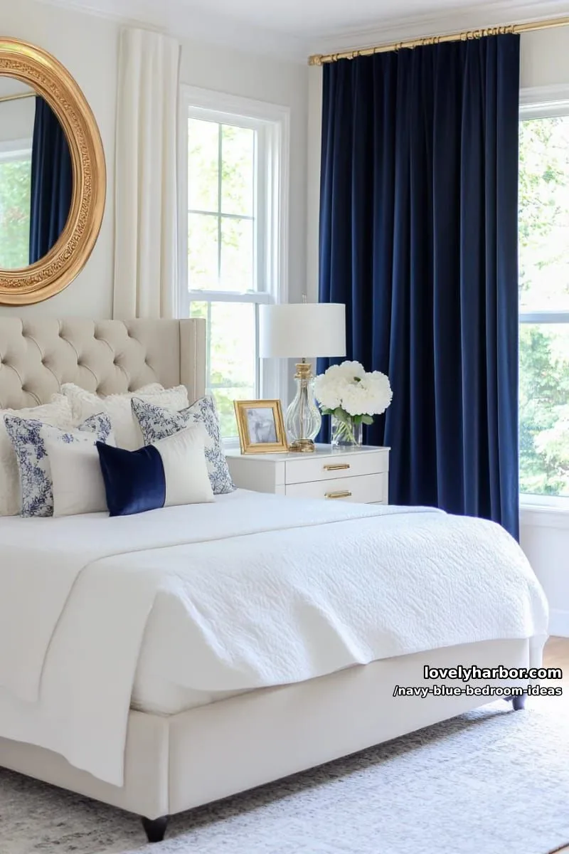 luxe navy blue drapes pooling on light wood floors for classic elegance 1