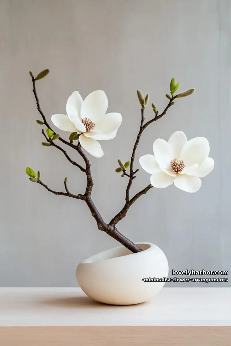 15 Chic Minimalist Flower Arrangements: Simple Designs with Huge Impact 41 magnolia blossom on gnarly branch, set in oval pottery 1