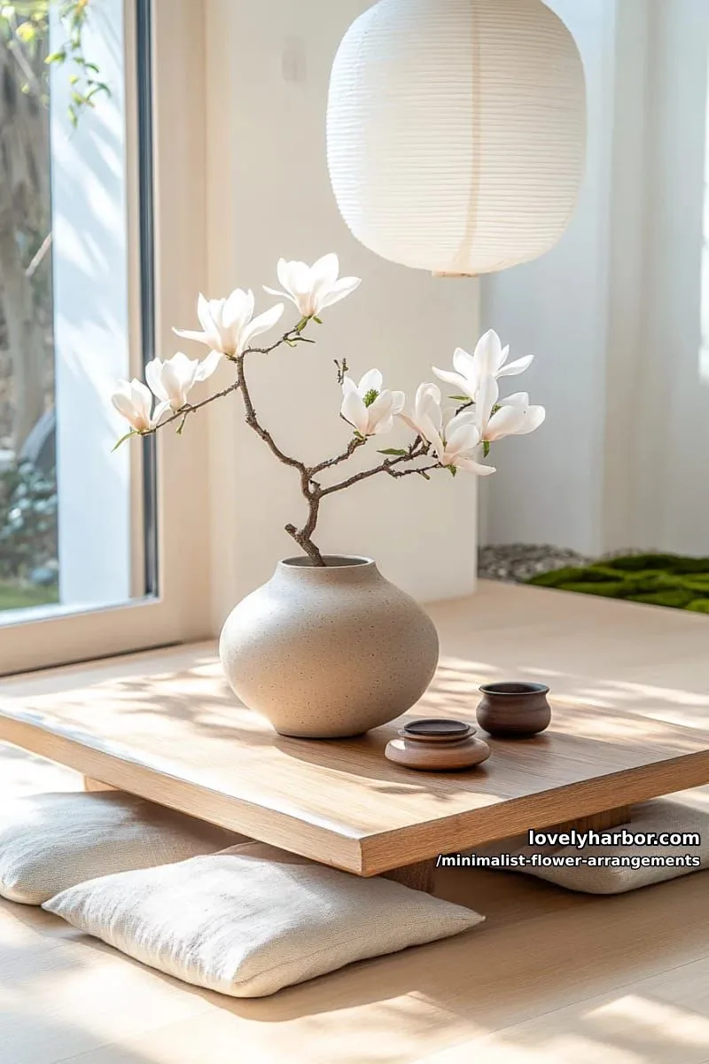 15 Chic Minimalist Flower Arrangements: Simple Designs with Huge Impact 42 magnolia blossom on gnarly branch, set in oval pottery 1