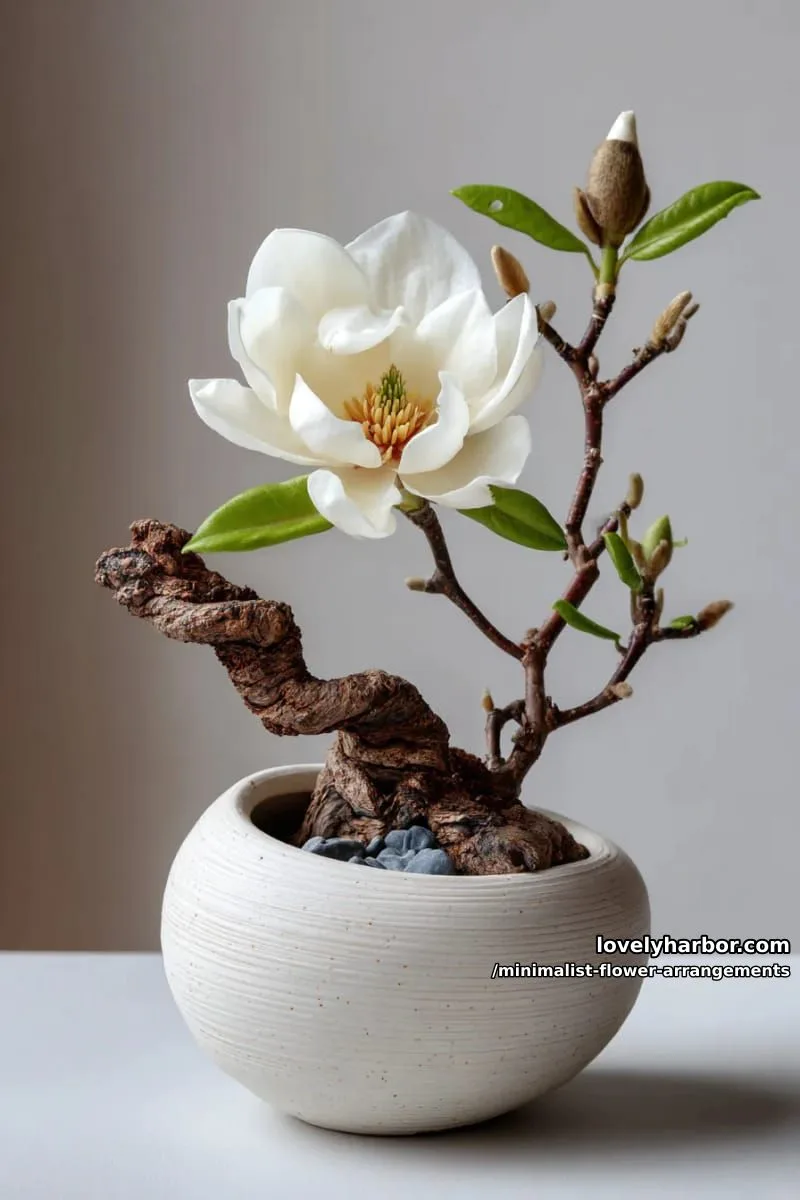 15 Chic Minimalist Flower Arrangements: Simple Designs with Huge Impact 43 magnolia blossom on gnarly branch, set in oval pottery 1