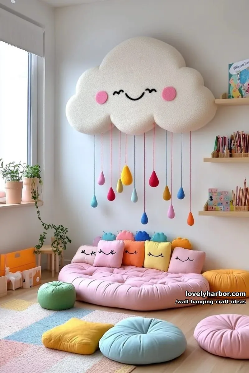 15 Artistic Wall Hanging Crafts to Upgrade Your Home 5 make a cute cloud with colorful raindrop cutouts and happy faces. 1