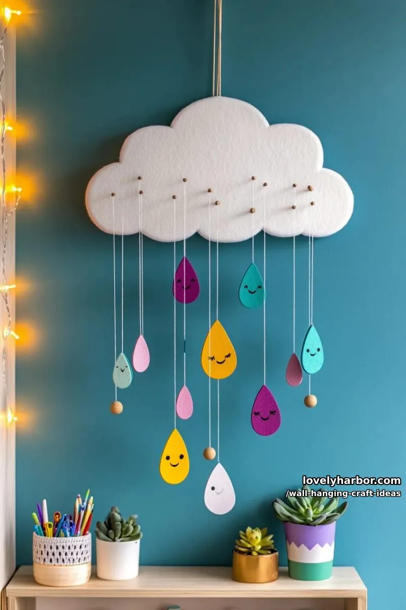 15 Artistic Wall Hanging Crafts to Upgrade Your Home 6 make a cute cloud with colorful raindrop cutouts and happy faces. 1