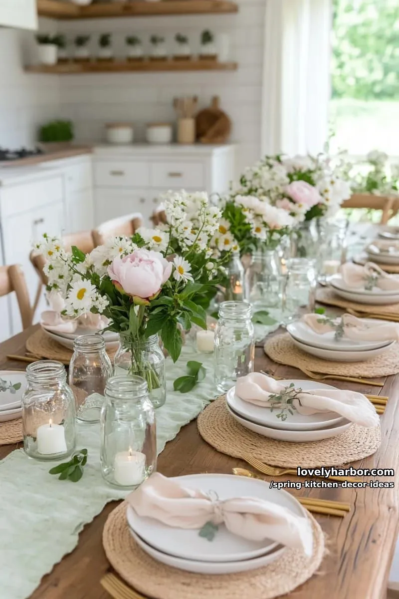 mason jar bouquets and soft blush napkins on dining table 1