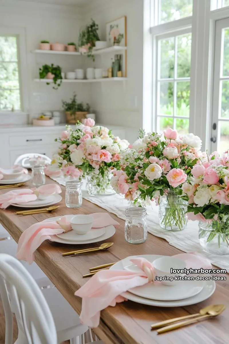 mason jar bouquets and soft blush napkins on dining table 1