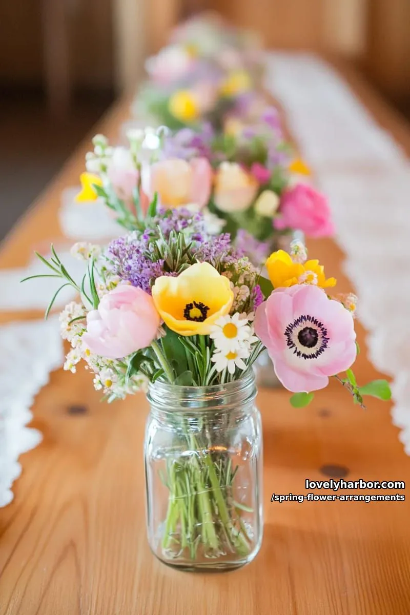 15 Spring Flower Arrangements That Will Warm Your Heart 36 mason jar posies with mixed spring flowers and sprigs of wild herbs 1