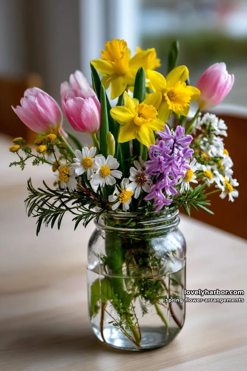 15 Spring Flower Arrangements That Will Warm Your Heart 37 mason jar posies with mixed spring flowers and sprigs of wild herbs 1