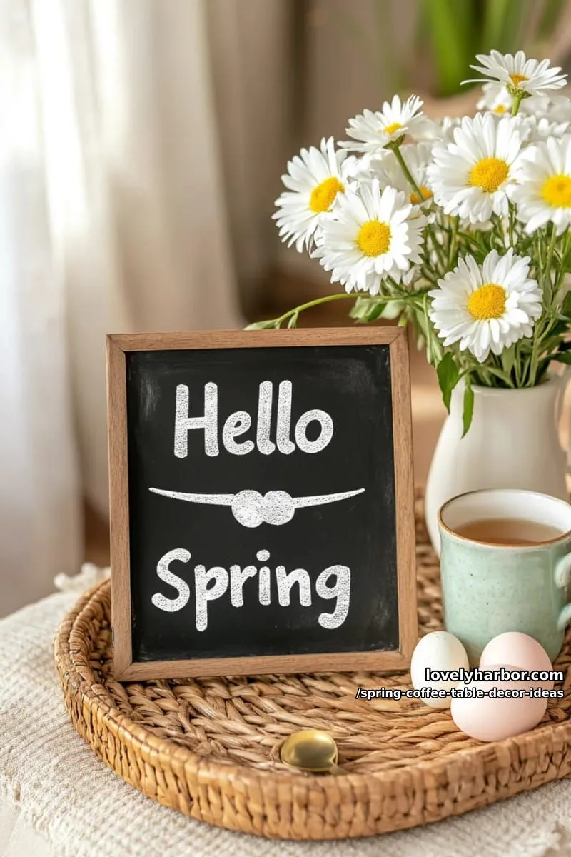 mini chalkboard sign with “hello spring” beside a vase of daisies 1