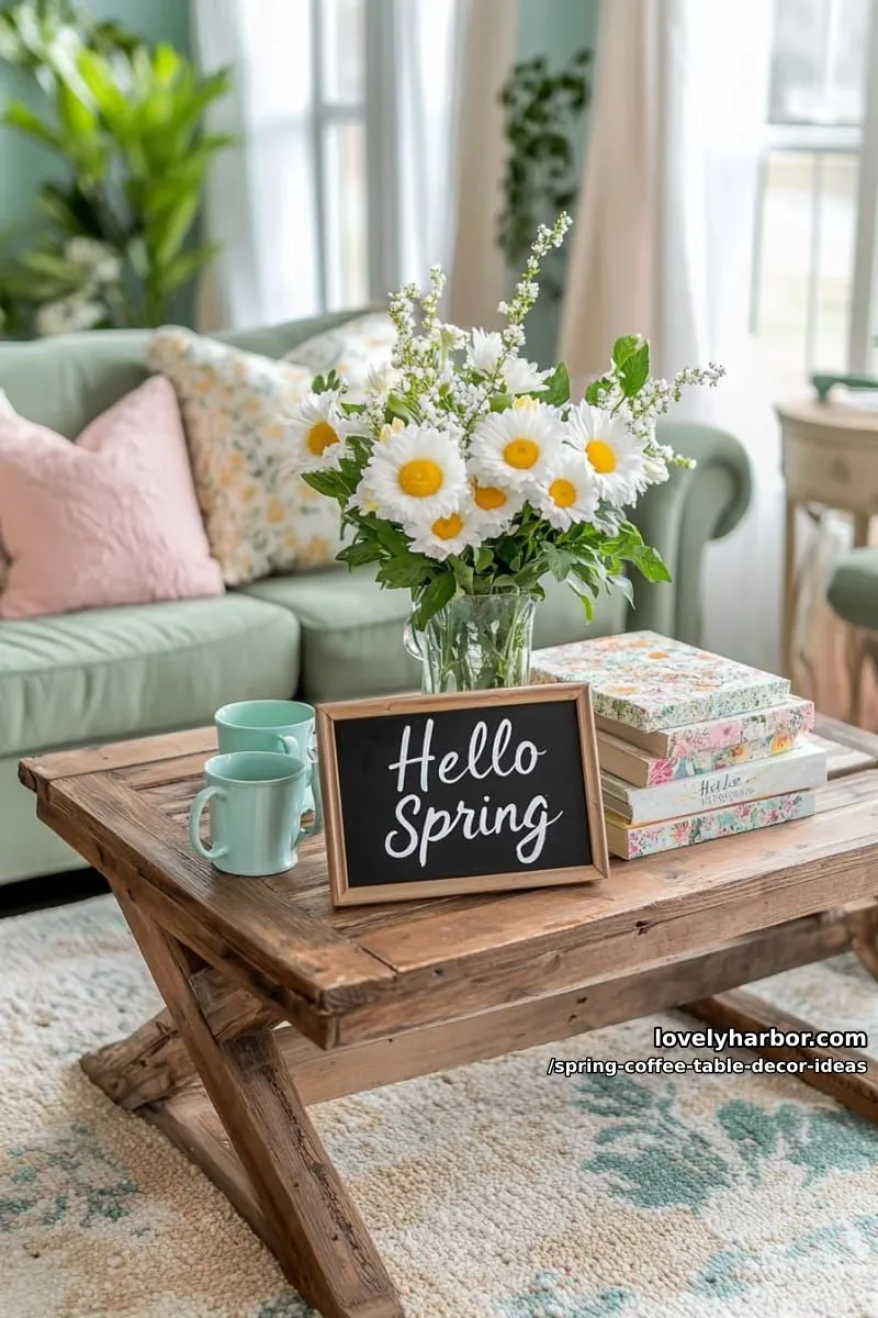 mini chalkboard sign with “hello spring” beside a vase of daisies 1