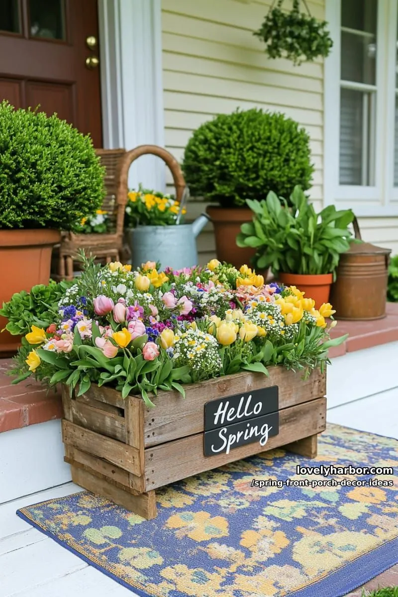 mini flower market crate display with assorted spring bouquets 1