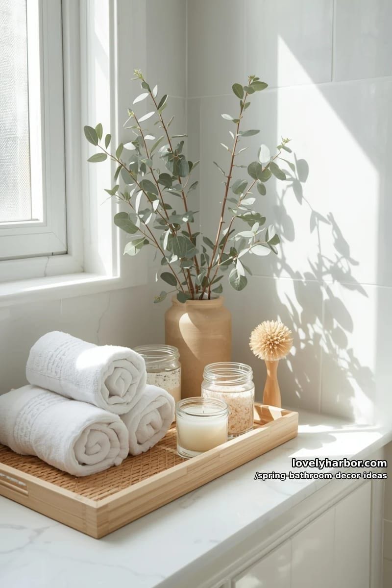 mini spa corner with bamboo trays, rolled towels, and eucalyptus branches 1