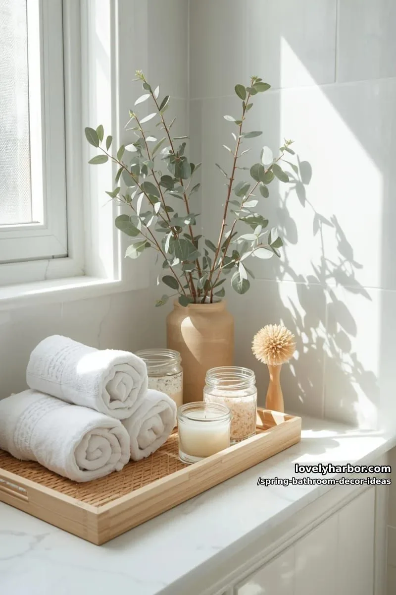 mini spa corner with bamboo trays, rolled towels, and eucalyptus branches 1