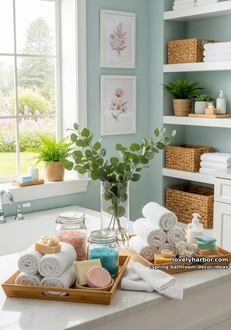 mini spa corner with bamboo trays, rolled towels, and eucalyptus branches 1
