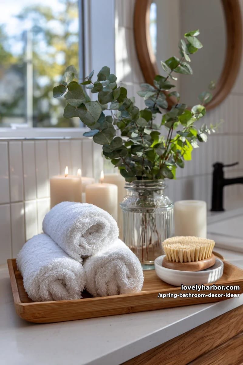 mini spa corner with bamboo trays, rolled towels, and eucalyptus branches 1