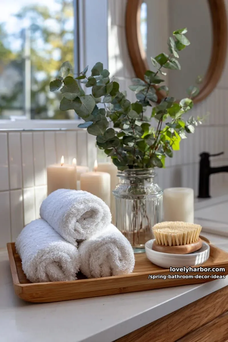 mini spa corner with bamboo trays, rolled towels, and eucalyptus branches 1