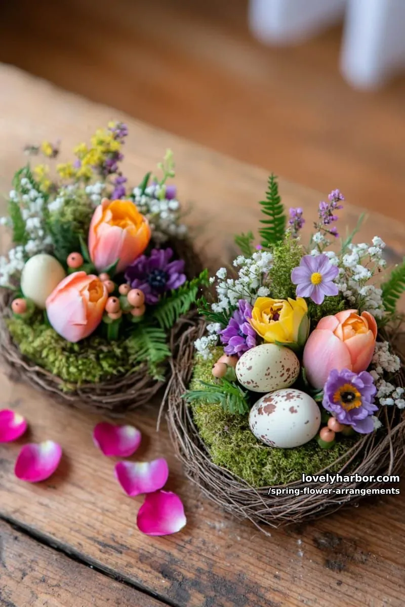 15 Spring Flower Arrangements That Will Warm Your Heart 14 miniature garden flower arrangements tucked in moss-lined bird nests 1