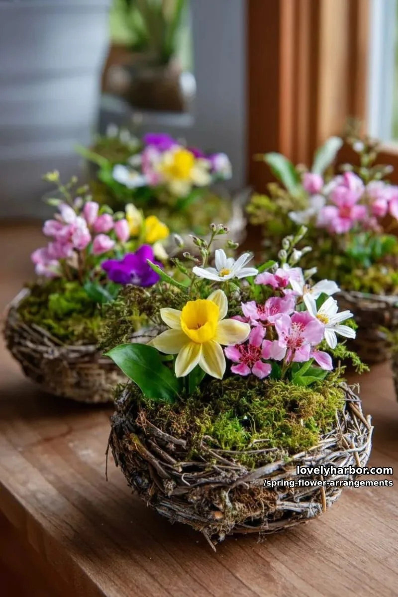 15 Spring Flower Arrangements That Will Warm Your Heart 15 miniature garden flower arrangements tucked in moss-lined bird nests 1