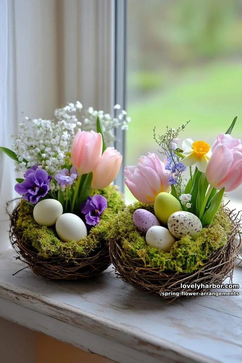 15 Spring Flower Arrangements That Will Warm Your Heart 16 miniature garden flower arrangements tucked in moss-lined bird nests 1