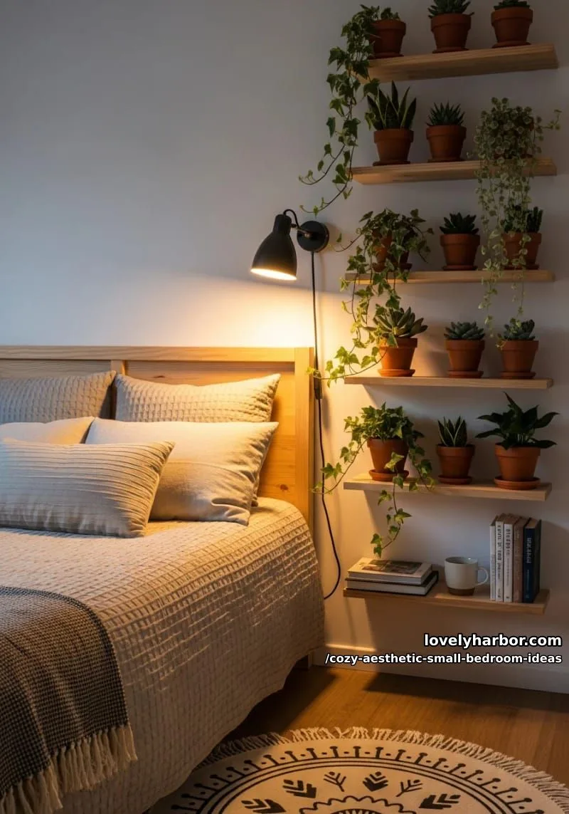 miniature indoor garden on floating shelves beside the bed 1