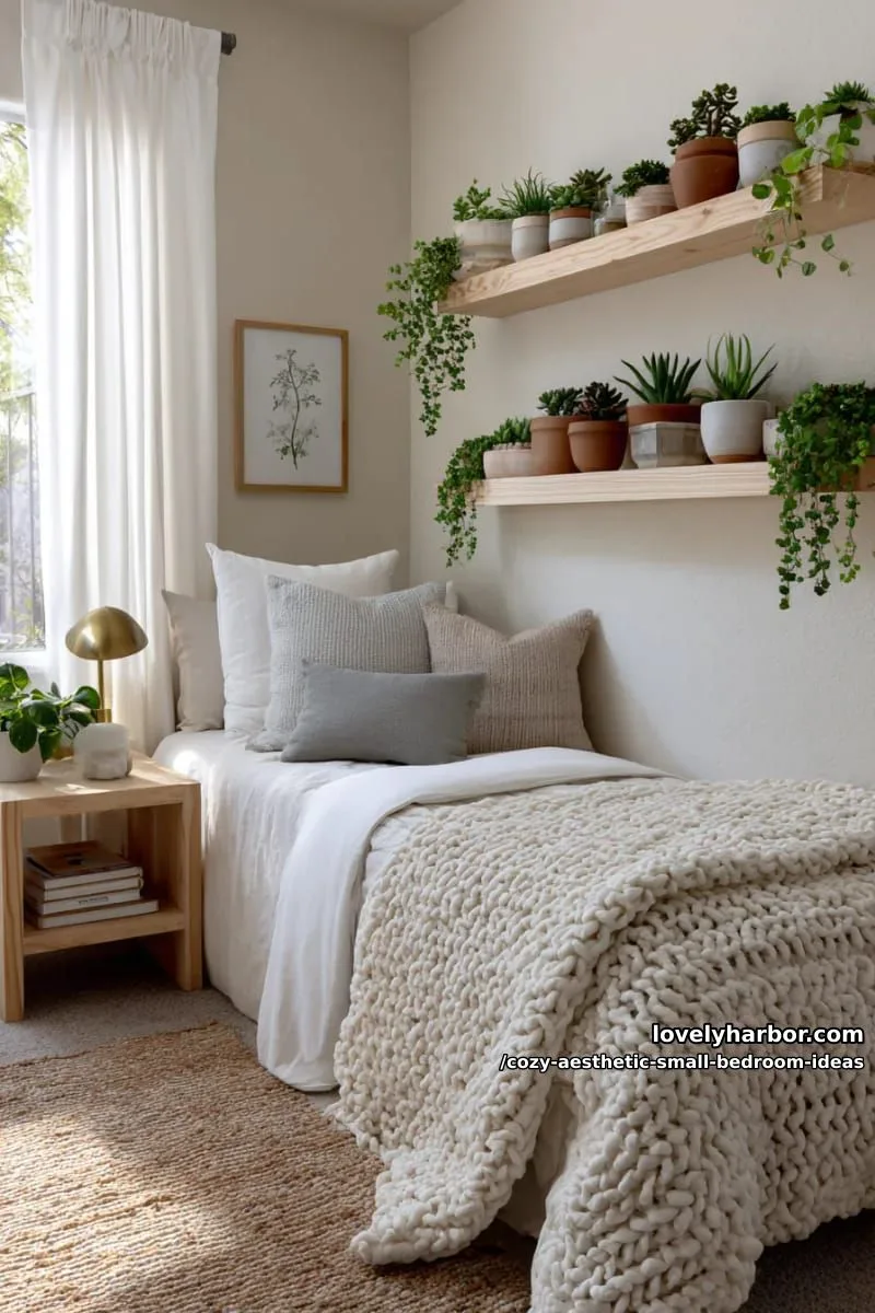 miniature indoor garden on floating shelves beside the bed 1