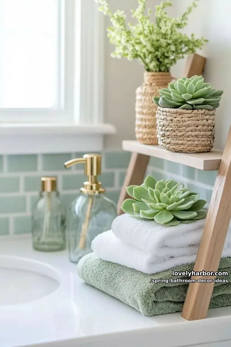 miniature potted succulents on stacked wooden ladder shelves beside the sink 1