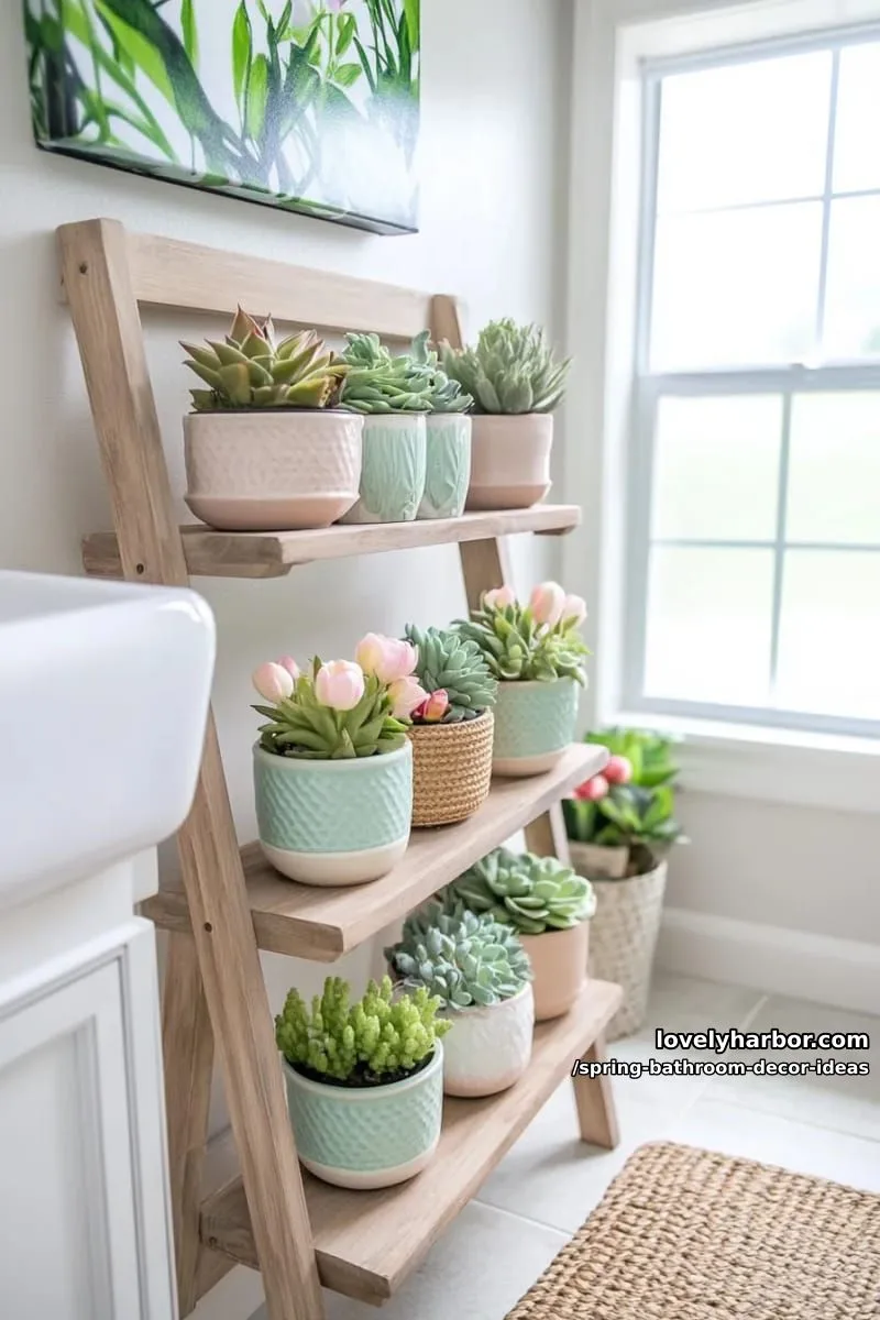 miniature potted succulents on stacked wooden ladder shelves beside the sink 1