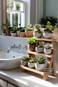 miniature potted succulents on stacked wooden ladder shelves beside the sink 8