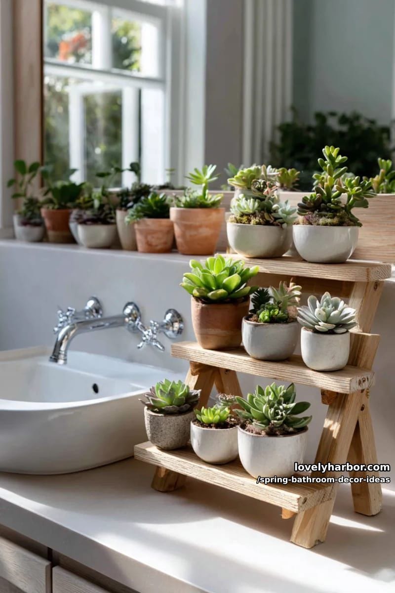 miniature potted succulents on stacked wooden ladder shelves beside the sink 1