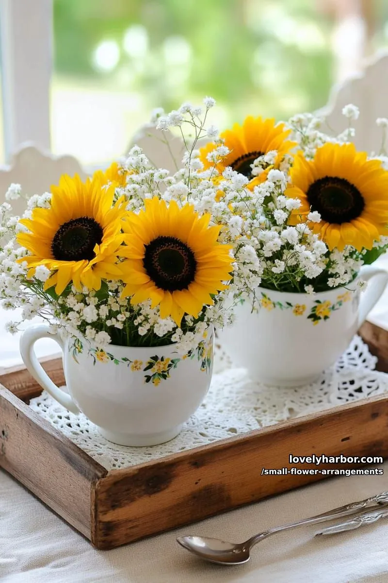 19 Classy Small Flower Arrangements to Cheer You Up in Spring 7 miniature sunflowers and baby’s breath arranged in teacups 1