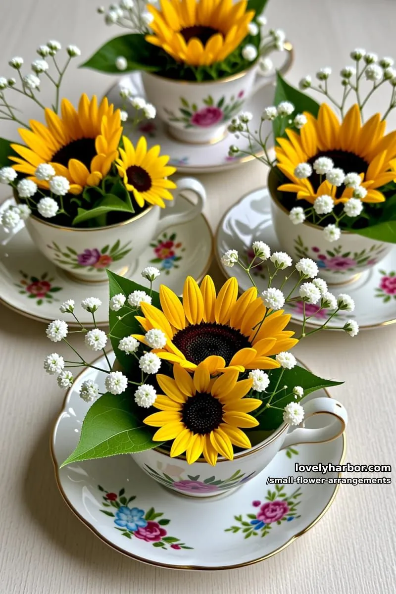 19 Classy Small Flower Arrangements to Cheer You Up in Spring 8 miniature sunflowers and baby’s breath arranged in teacups 1