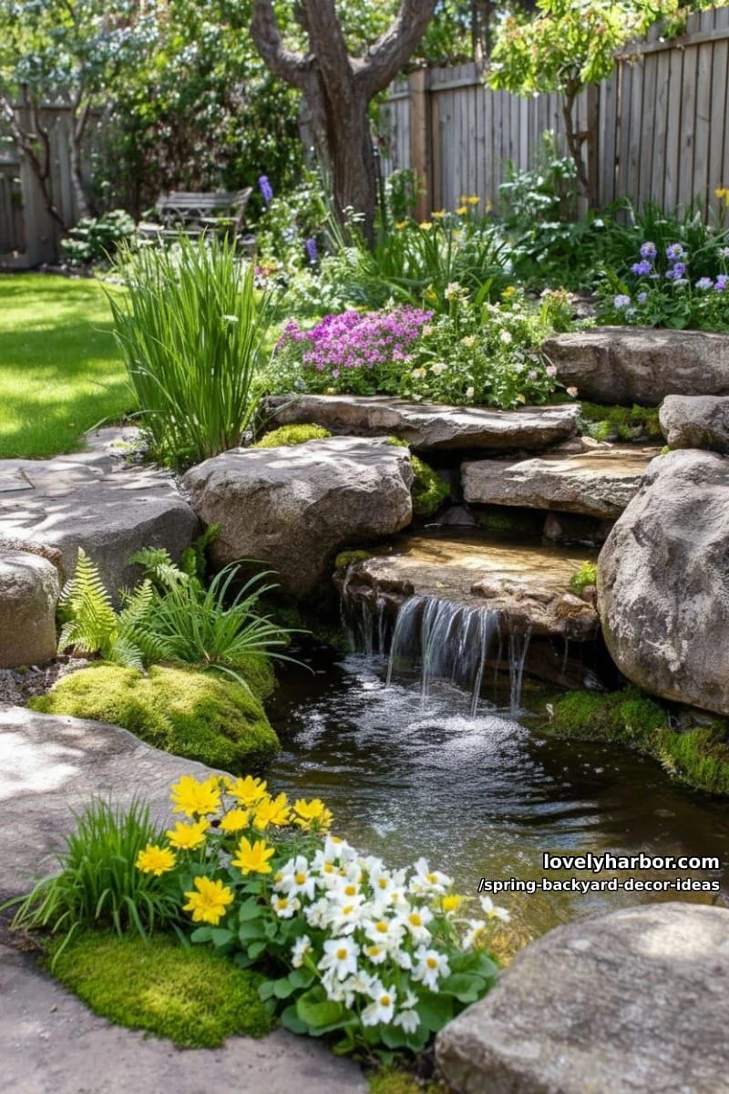 miniature waterfall pond surrounded by wildflowers and mossy stones 1