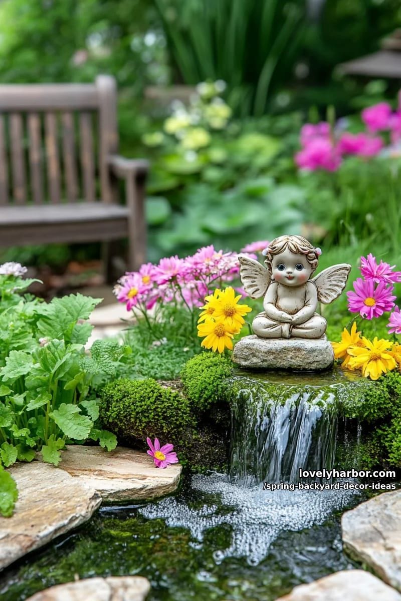 miniature waterfall pond surrounded by wildflowers and mossy stones 1