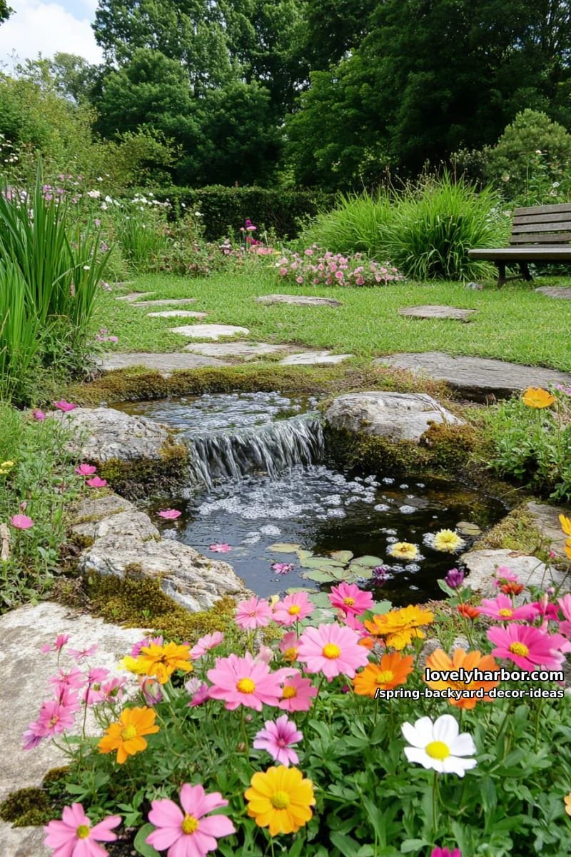 miniature waterfall pond surrounded by wildflowers and mossy stones 1