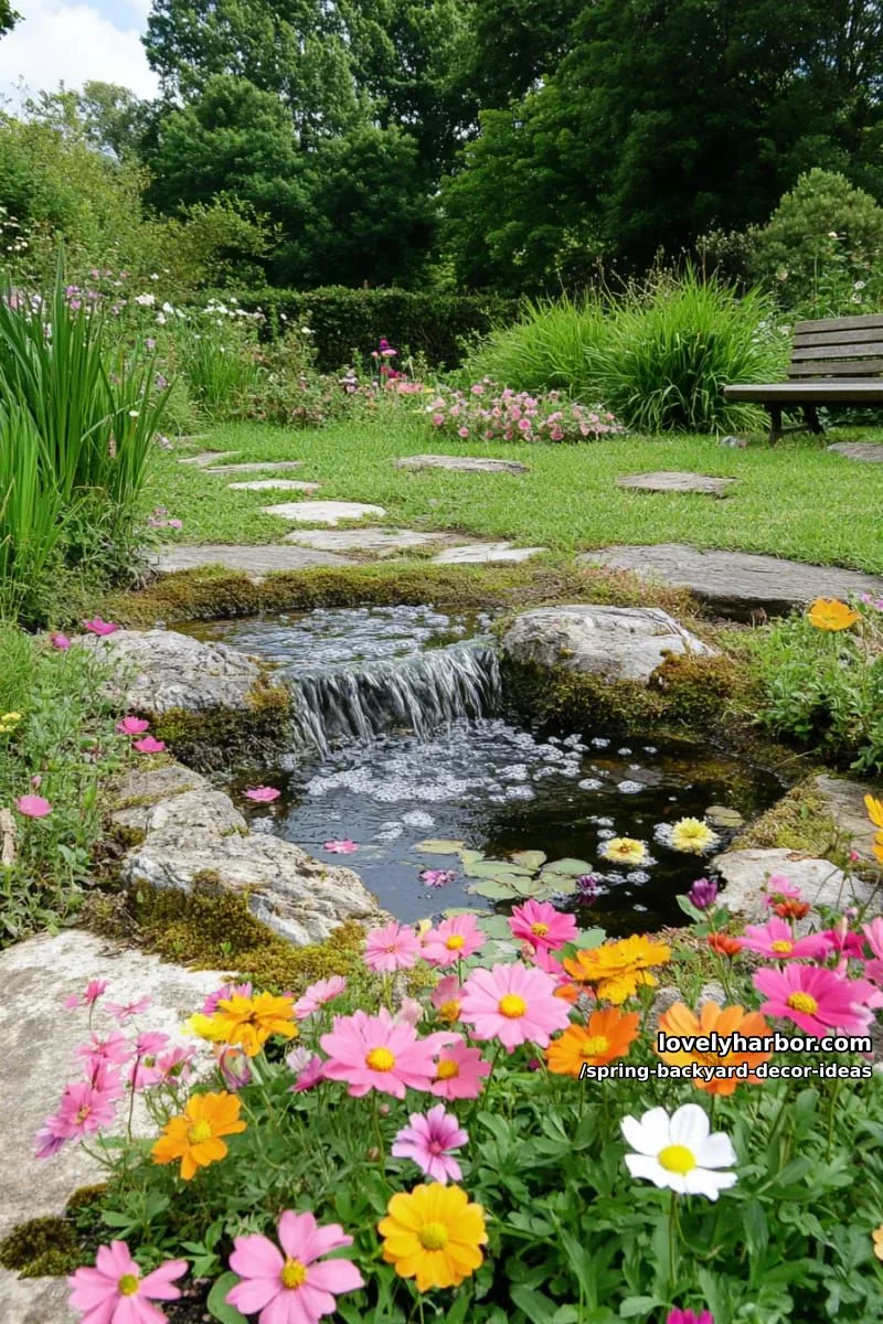 15 Spring Backyard Decor Ideas for Effortless Charm 33 miniature waterfall pond surrounded by wildflowers and mossy stones 1