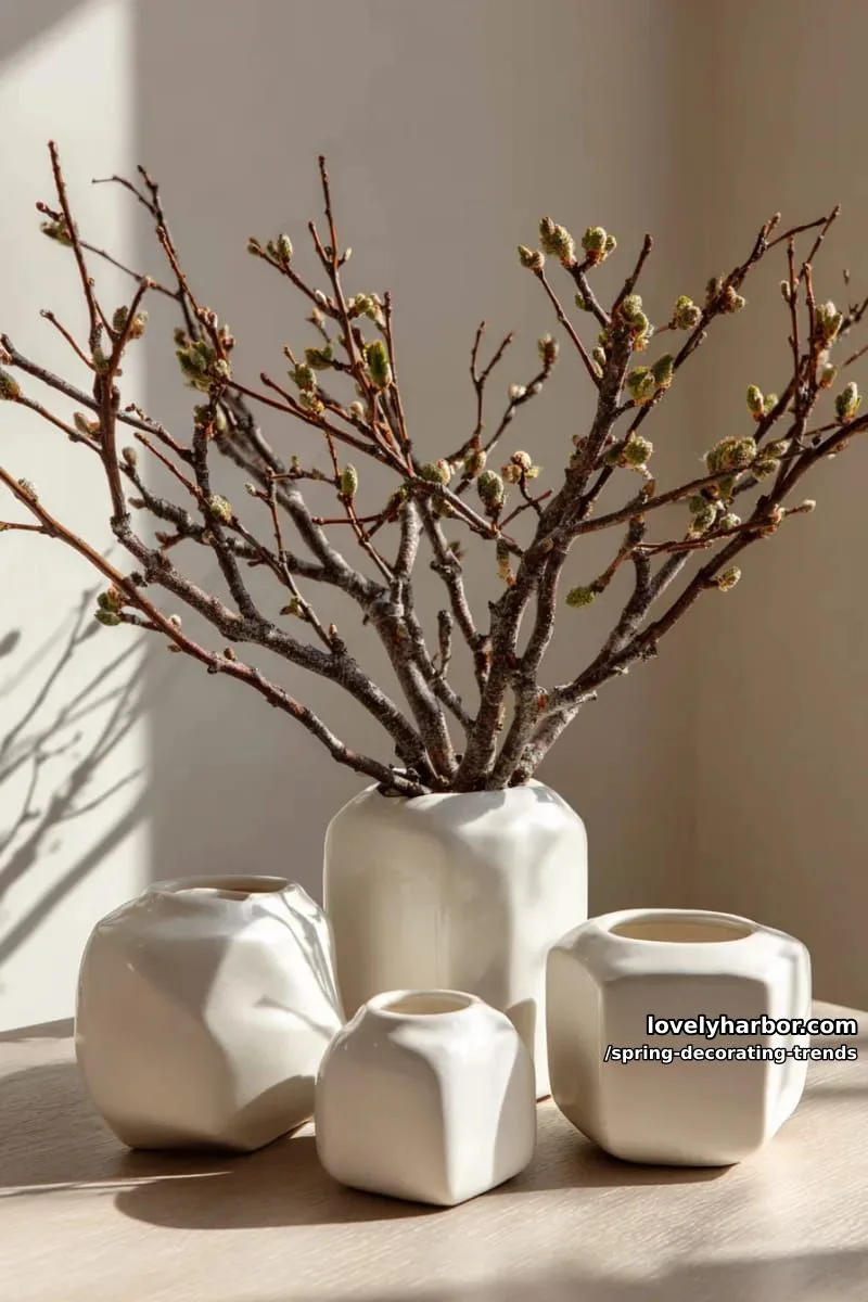 minimalist branch arrangements in sculptural matte white vases 1
