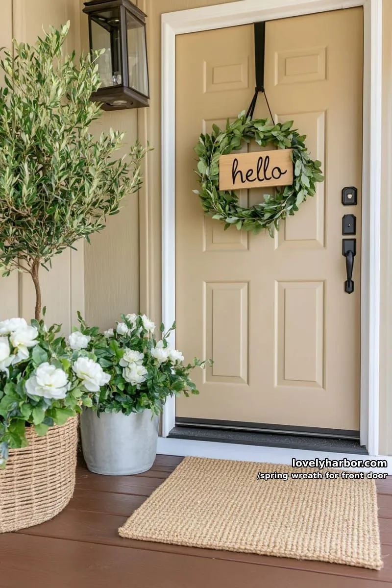 15 Unique Front Door Spring Wreaths for a Charming Entryway 19 minimalist eucalyptus ring with a wooden “hello” sign in the center 1