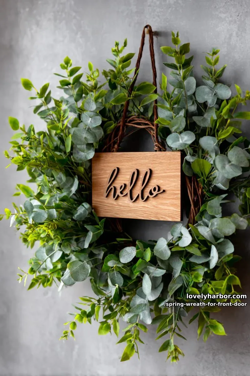 15 Unique Front Door Spring Wreaths for a Charming Entryway 20 minimalist eucalyptus ring with a wooden “hello” sign in the center 1