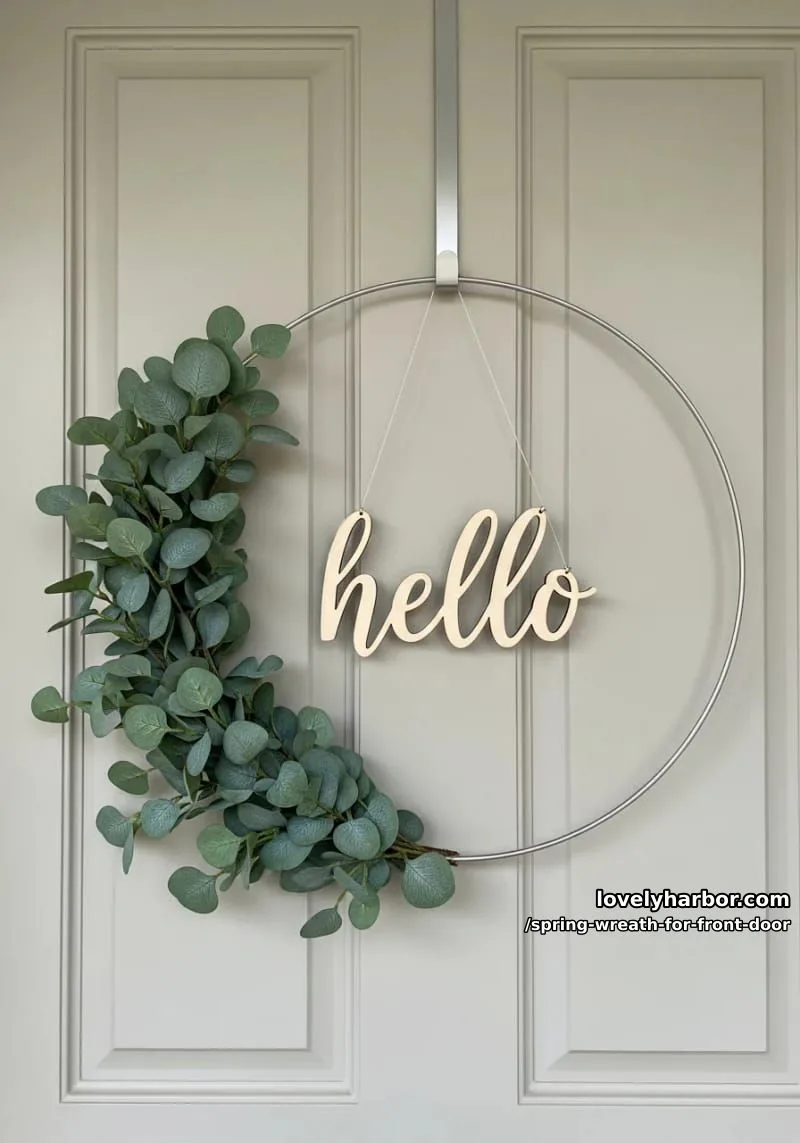 15 Unique Front Door Spring Wreaths for a Charming Entryway 21 minimalist eucalyptus ring with a wooden “hello” sign in the center 1