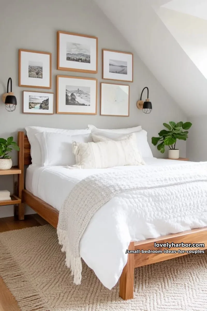 minimalist gallery wall of couple’s travel memories above the headboard 1