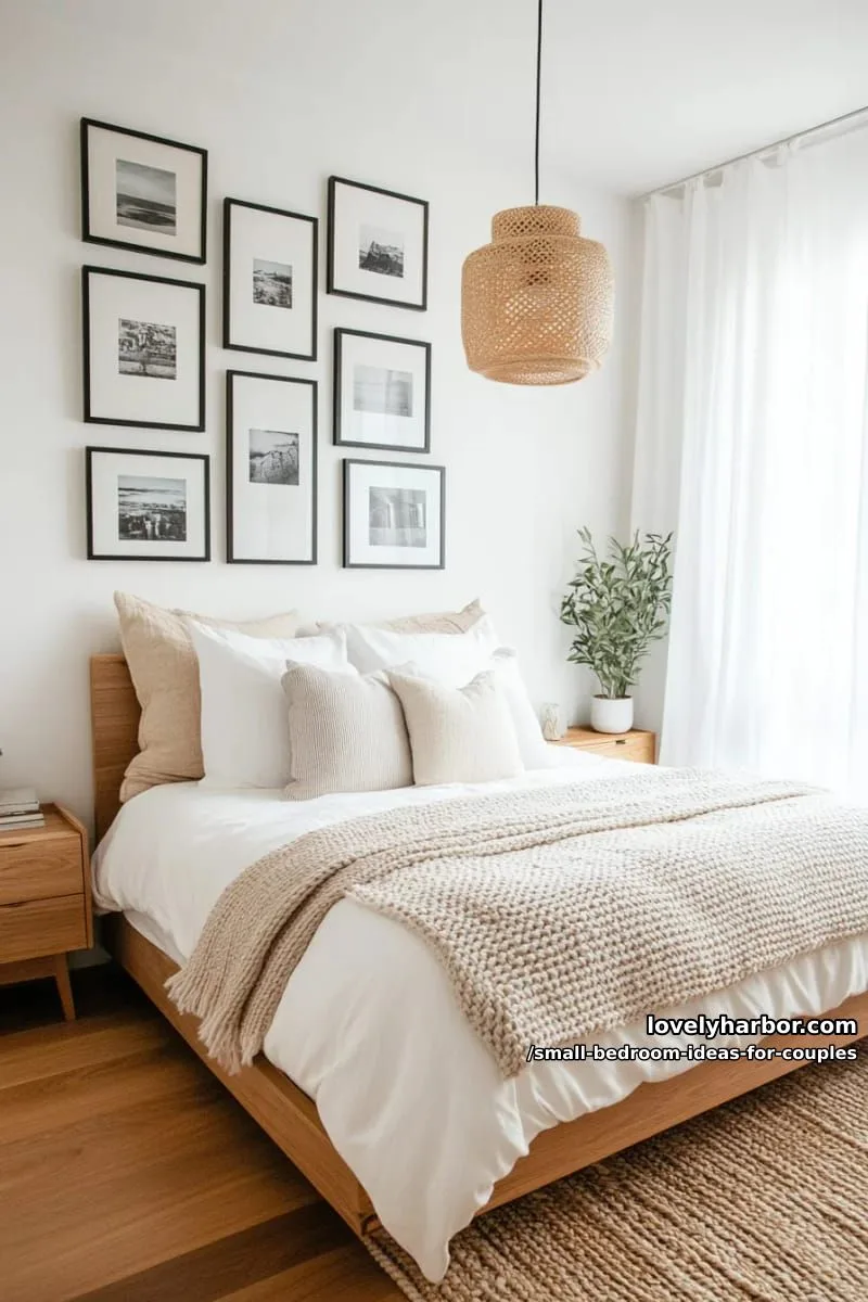 minimalist gallery wall of couple’s travel memories above the headboard 1