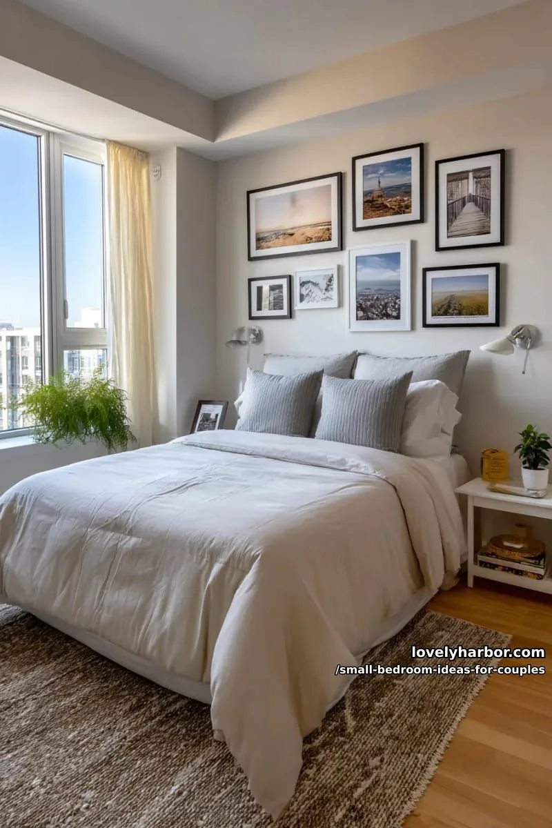 minimalist gallery wall of couple’s travel memories above the headboard 1