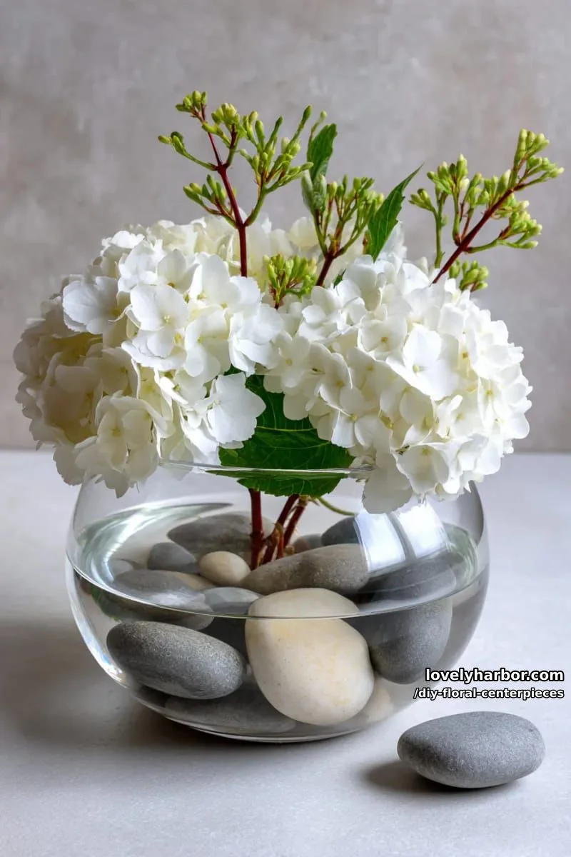 minimalist hydrangea cluster in sleek glass bowl with stones 1