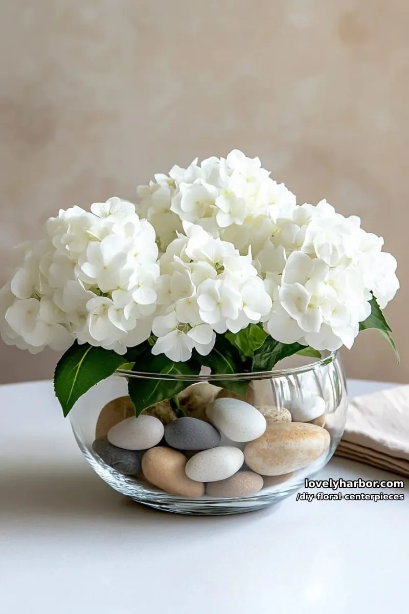 minimalist hydrangea cluster in sleek glass bowl with stones 1