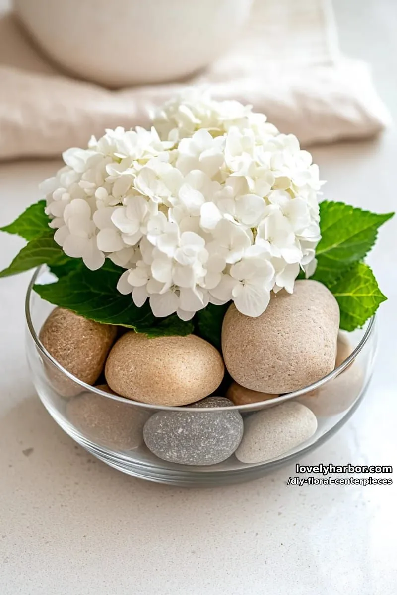 minimalist hydrangea cluster in sleek glass bowl with stones 1