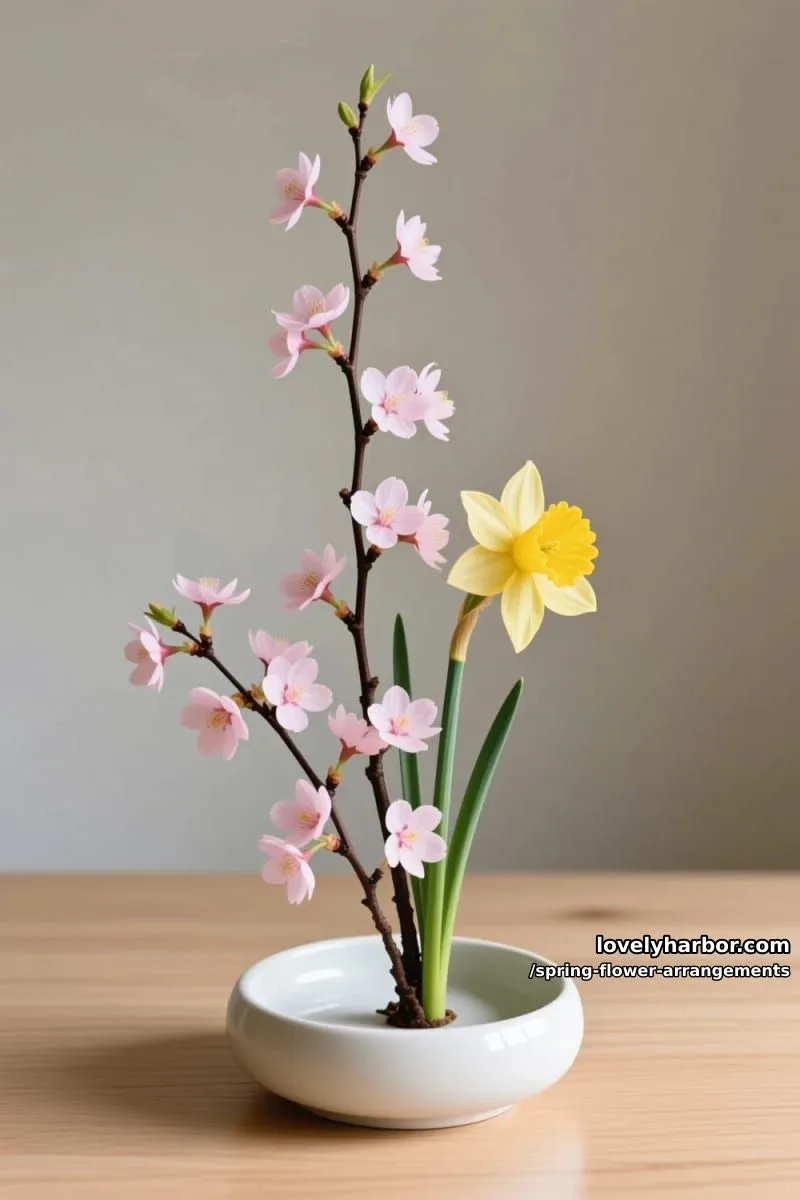 15 Spring Flower Arrangements That Will Warm Your Heart 25 minimalist ikebana arrangement using cherry blossom and a single daffodil 1